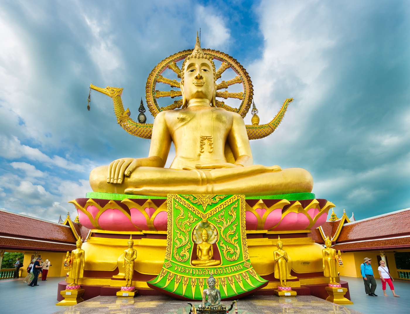 Ko Samui, Thailand - January 19, 2019: Temple Wat Phra Yai on Ko Samui Island is home to a giant, 12-metre-high (39-foot) gold-painted Buddha statue. This photograph was taken midday with full frame camera and Zeiss wide-angle lens.
