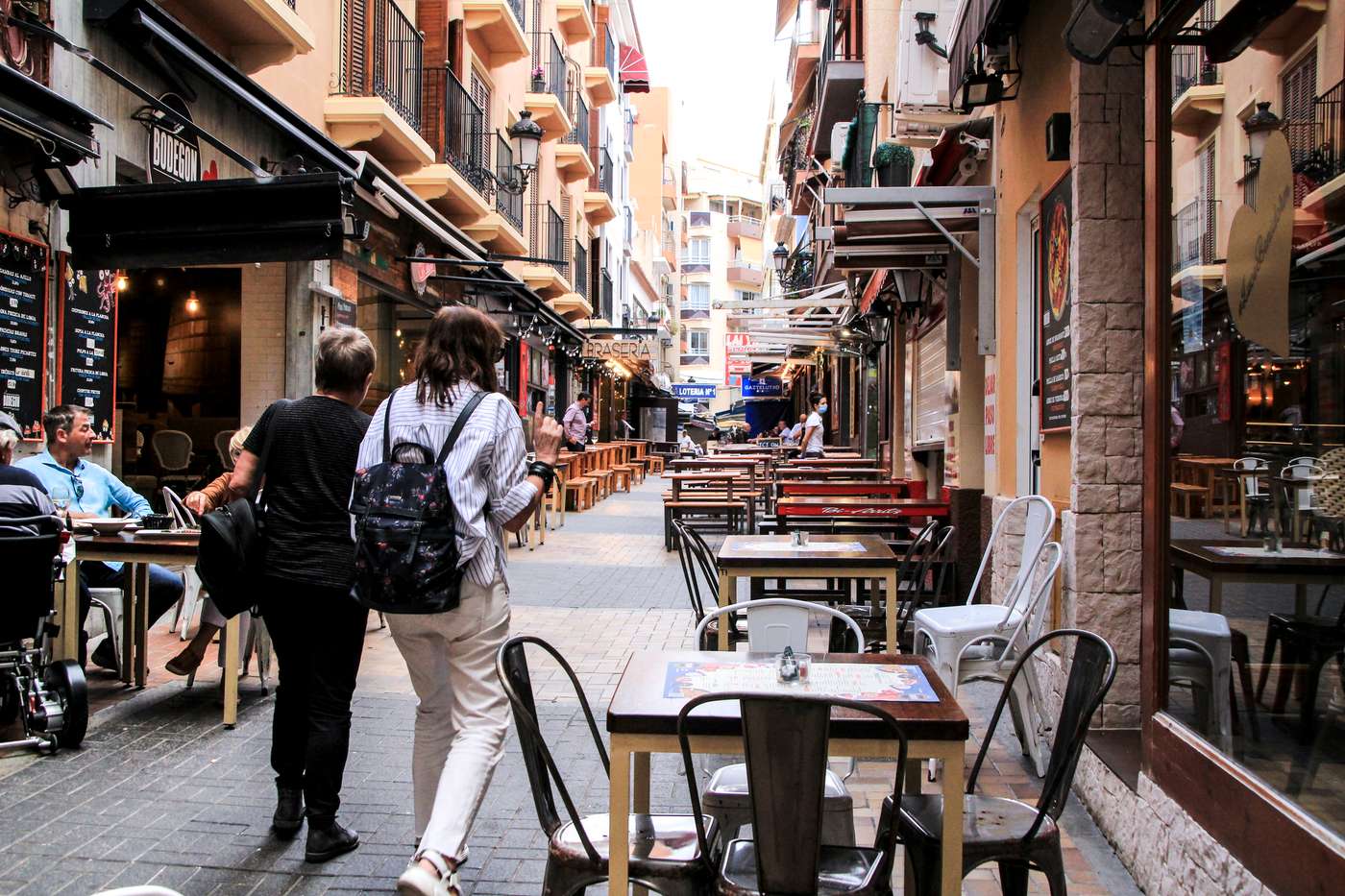 Benidorm, Alicante, Spain- October 9, 2021: Beautiful and narrow streets of Benidorm on a sunny day of Autumn
