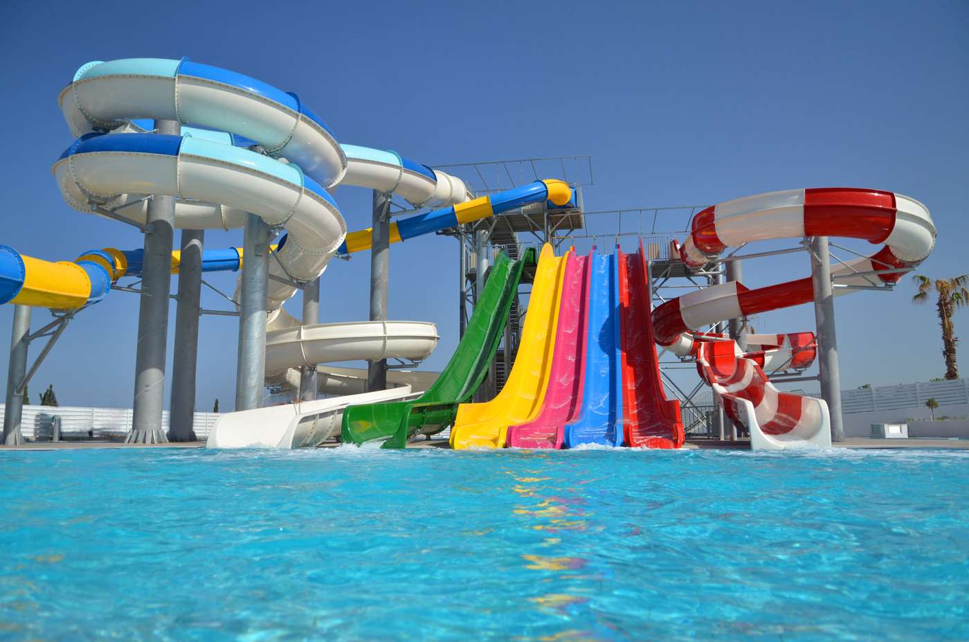 Aqua park at the King Evelthon Beach Hotel and Resort in Paphos, Cyprus with multiple slide offerings for some great fun. 