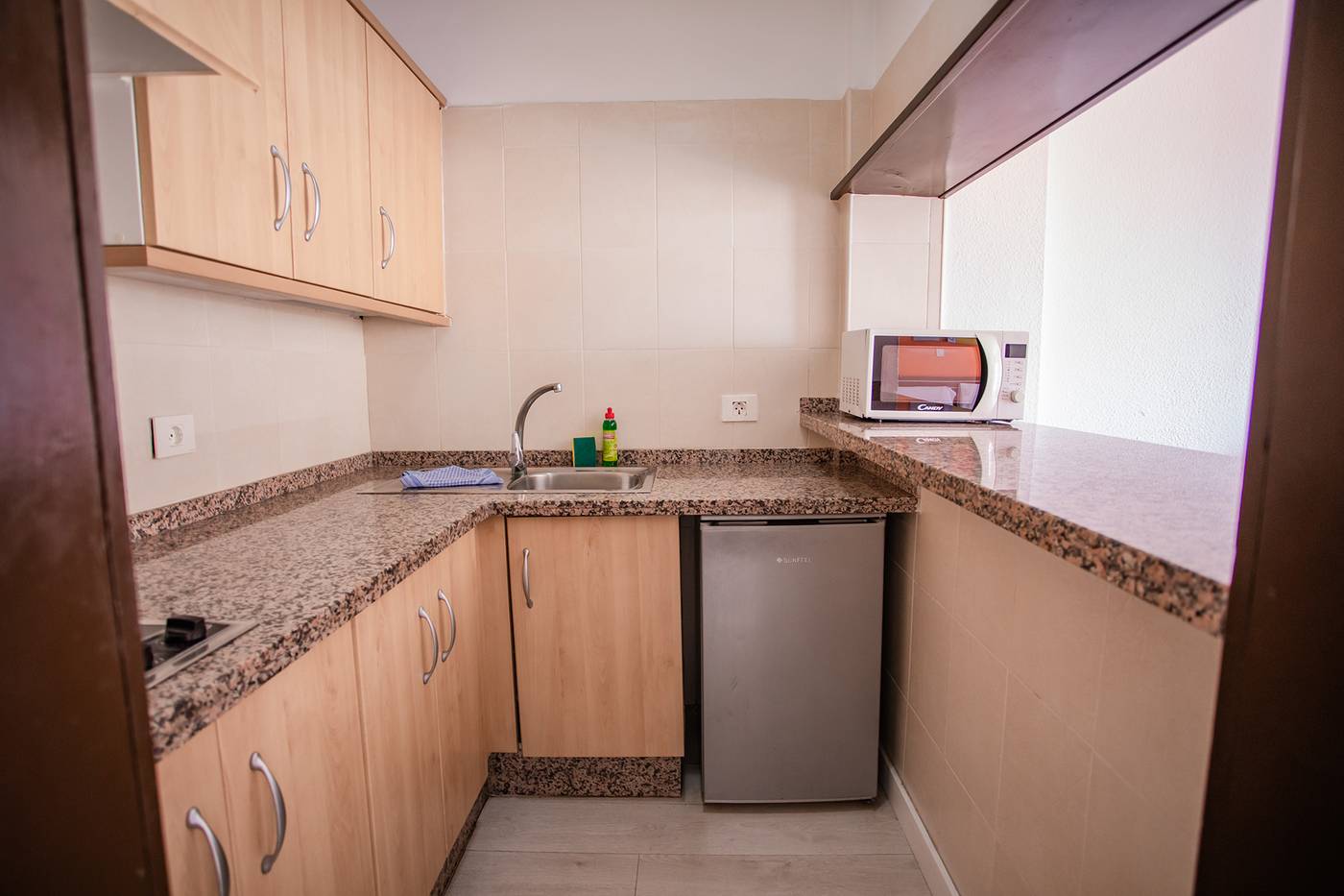 Classic One Bedroom Apartment Sea View. KItchen with fridge, sink and microwave.