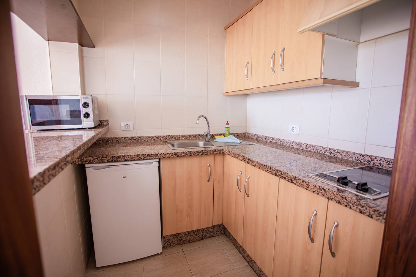 Premium One Bedroom Apartment - Sea View. Kitchenette with hobs, sink and fridge. Lots of cupboards.