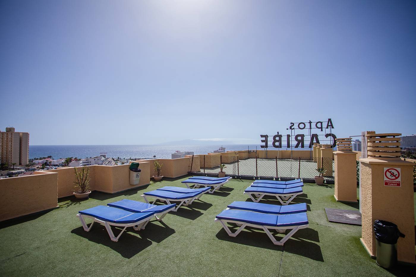 Rooftop solarium. Floor lined with astroturf, sunbeds in rows. 