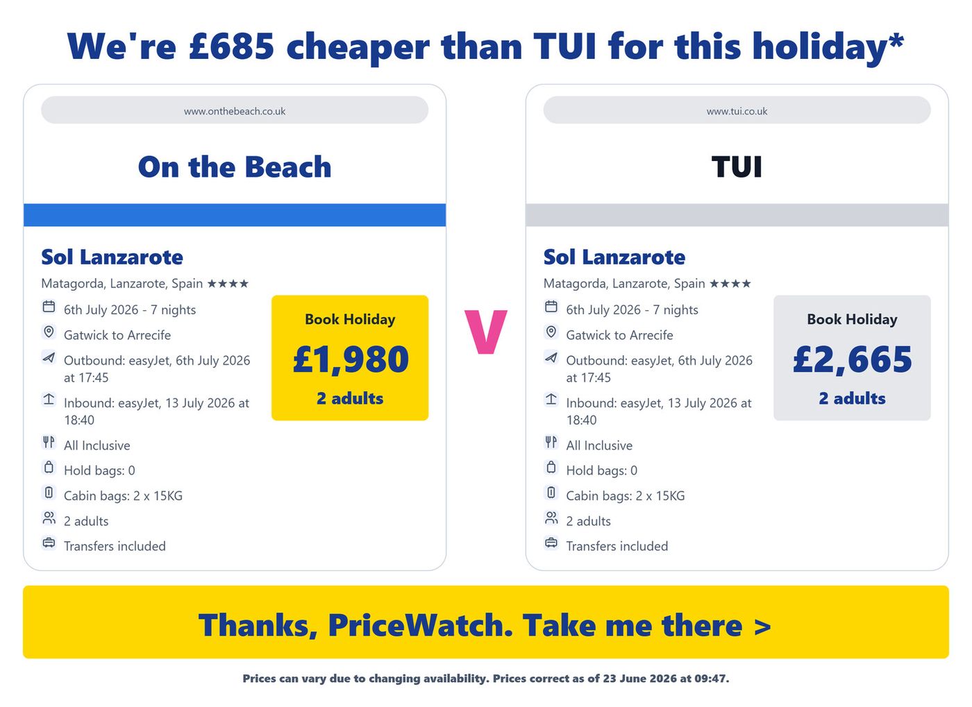PriceWatch Price Comparison Sol Lanzarote Couples - 23rd June 2026