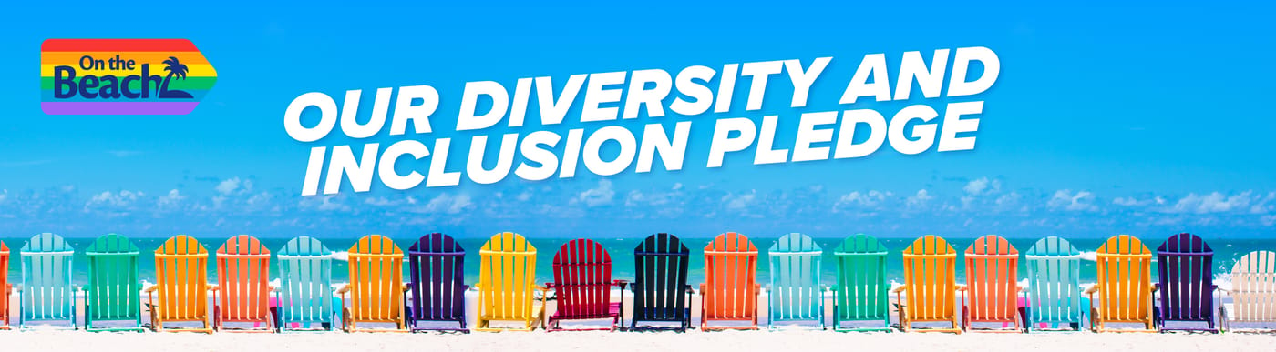 Line of multi coloured deck chairs with text reading 'our diversity and inclusion pledge'