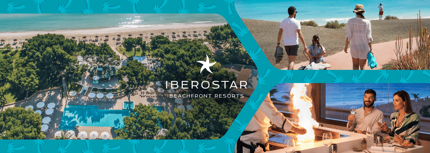 Iberostar beachfront resorts. Aerial picture of swimming pool next to the beach. Picture of family walking to the beach. Picture of couple eating dinner with show cooking.