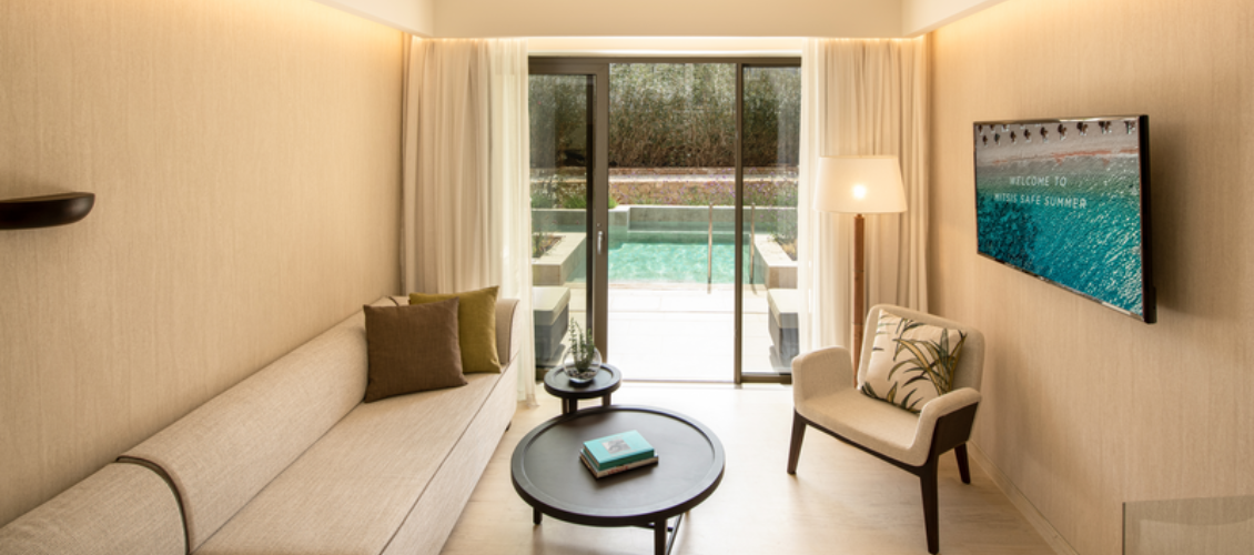 Mitsis Rinela Beach Resort & Spa hotel room with private pool